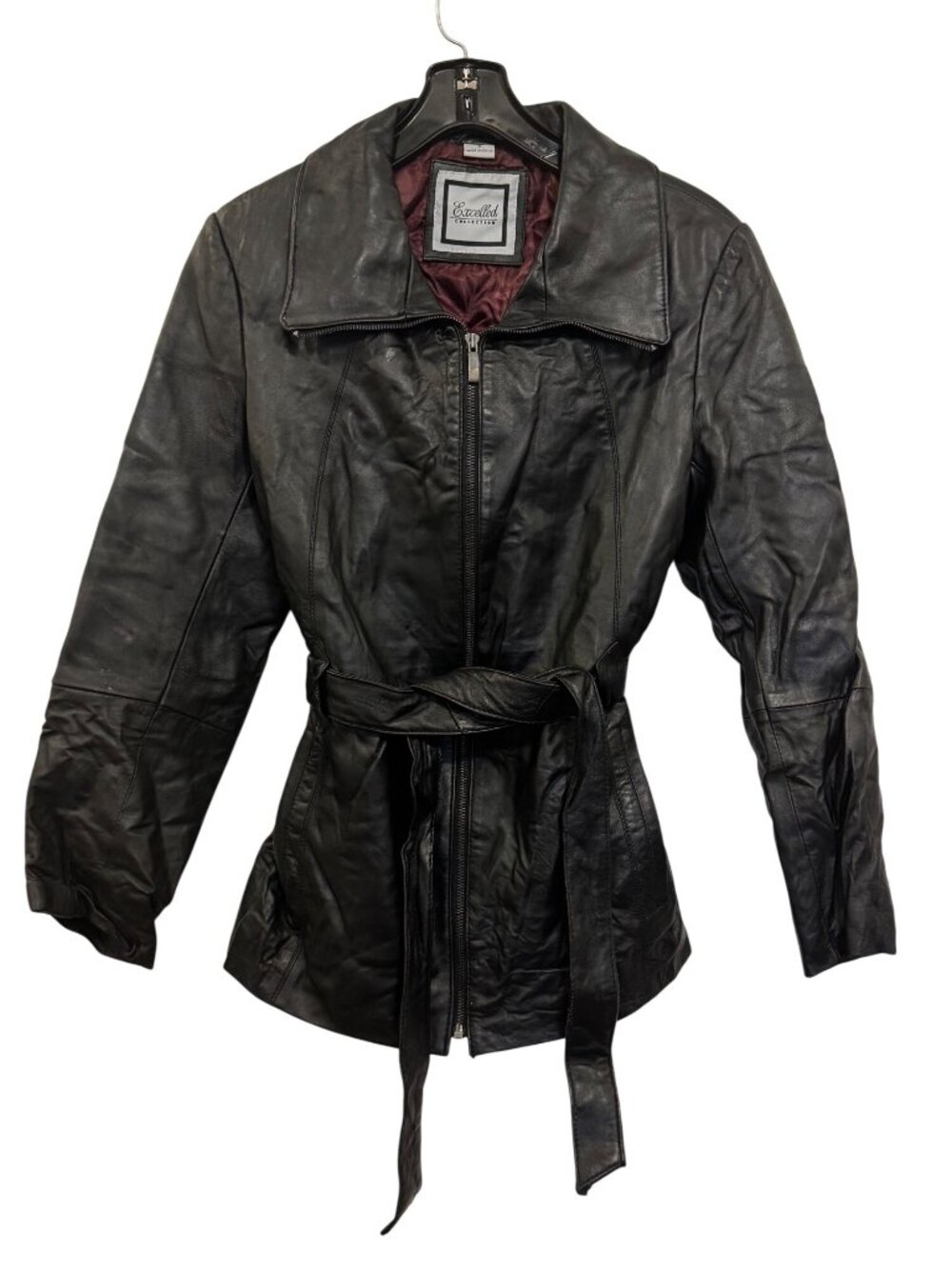 Excelled Collection Womens Black Leather Jacket Belted Small